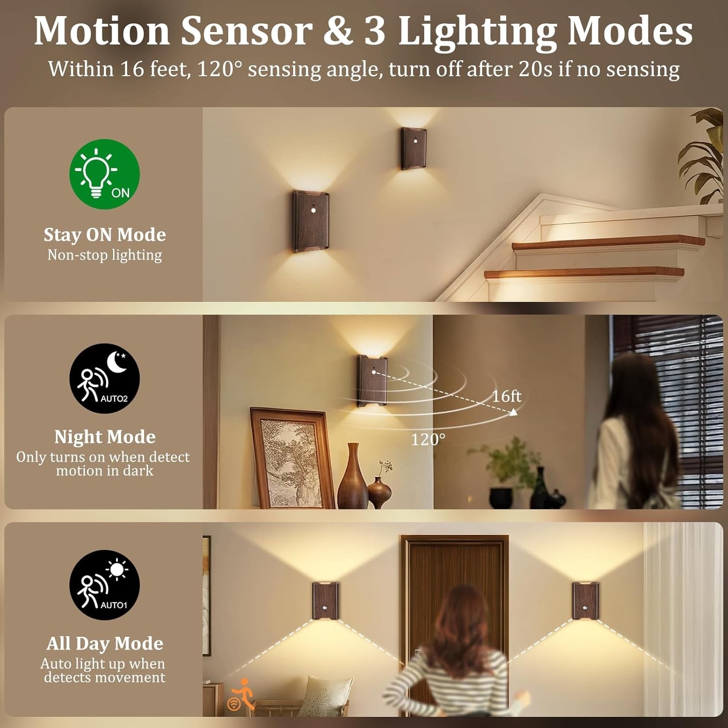 Rechargeable Motion Sensor Wall Light - 3 Colors Battery Powered Wireless Wal...