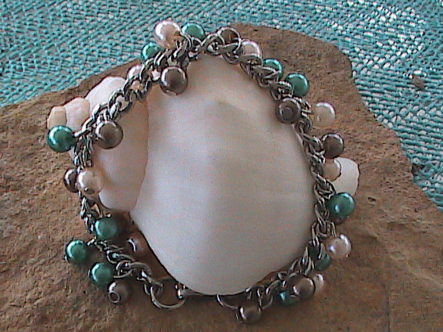 Chain & Glass Bead Bracelet - Pink, Teal & Copper
