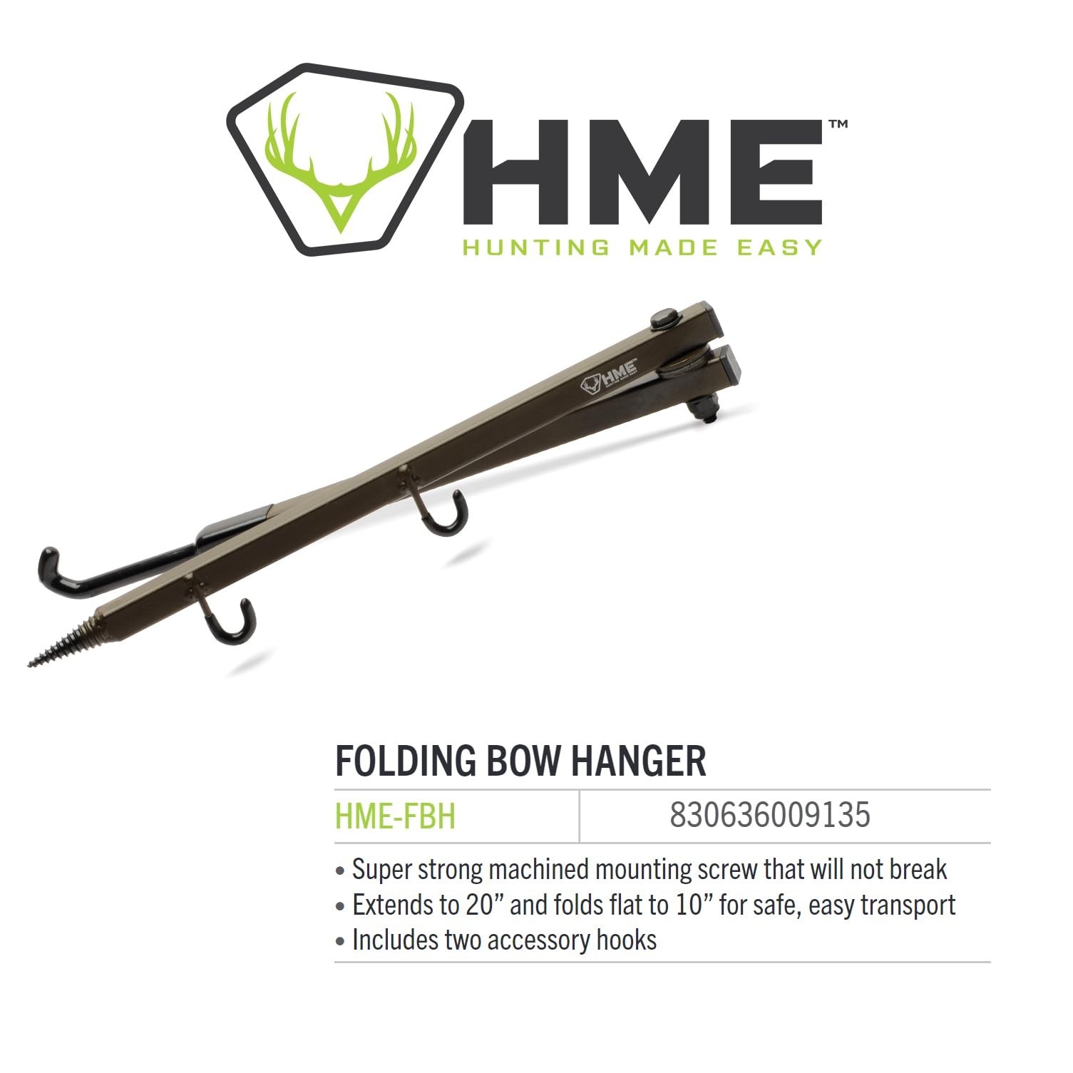 HME Durable Secure Convenient Portable Folding Tree Stand Bow Hanger w/Two Ac...