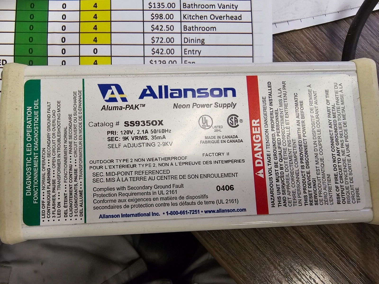 Allanson Neon Power Supply  SS9350X