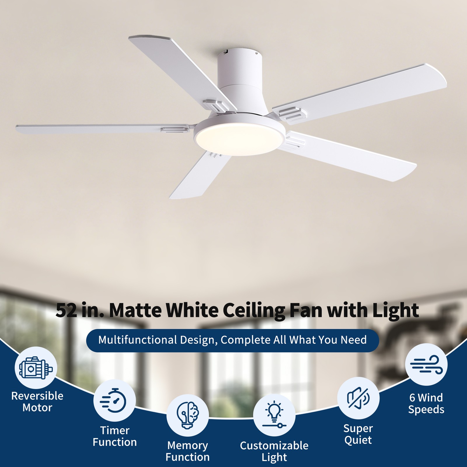 52" White Ceiling Fan with Light and Remote Control, 6-Speed DC Motor