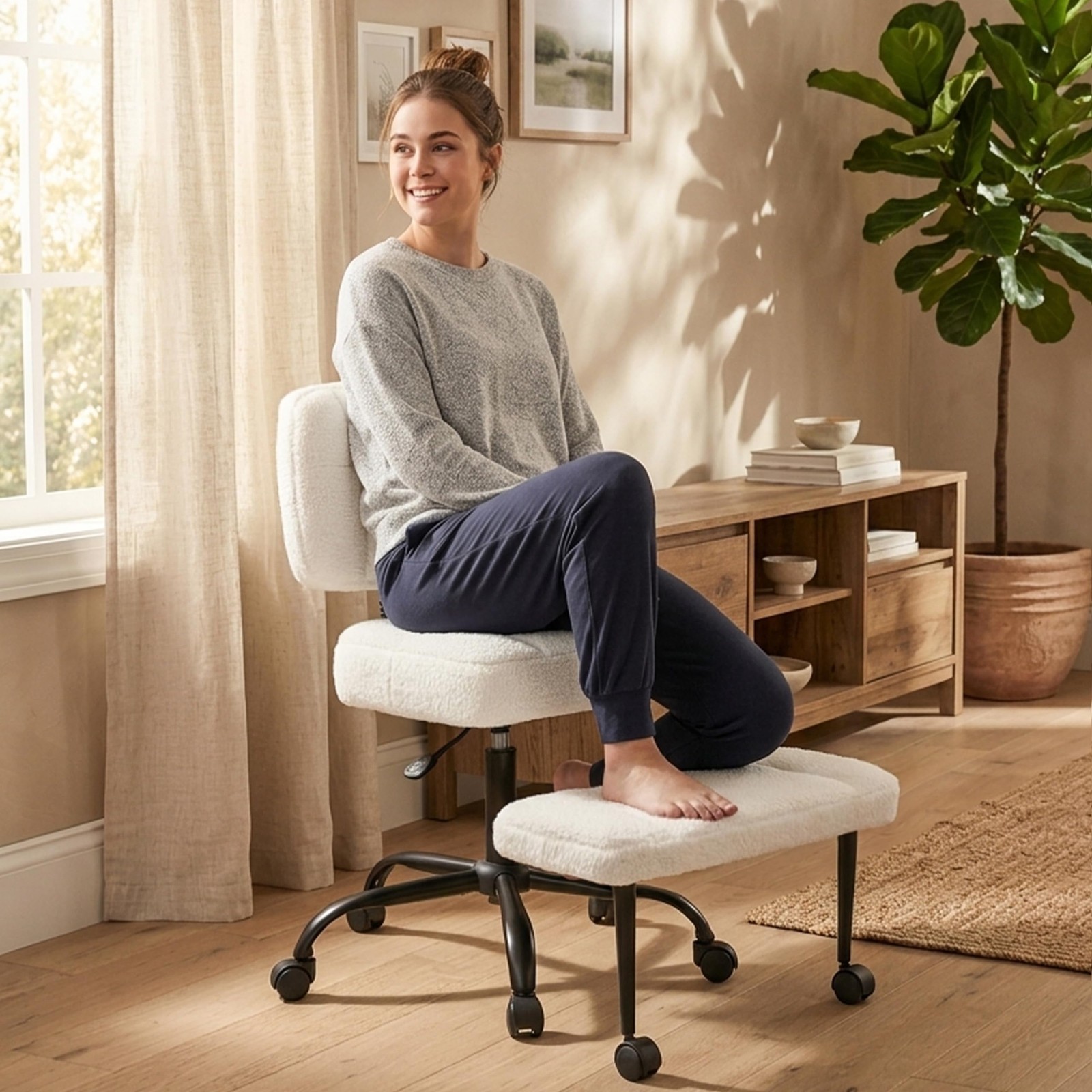 Kneeling Office Chair Criss Cross Legged Swivel Wheels Footrest Offwhite