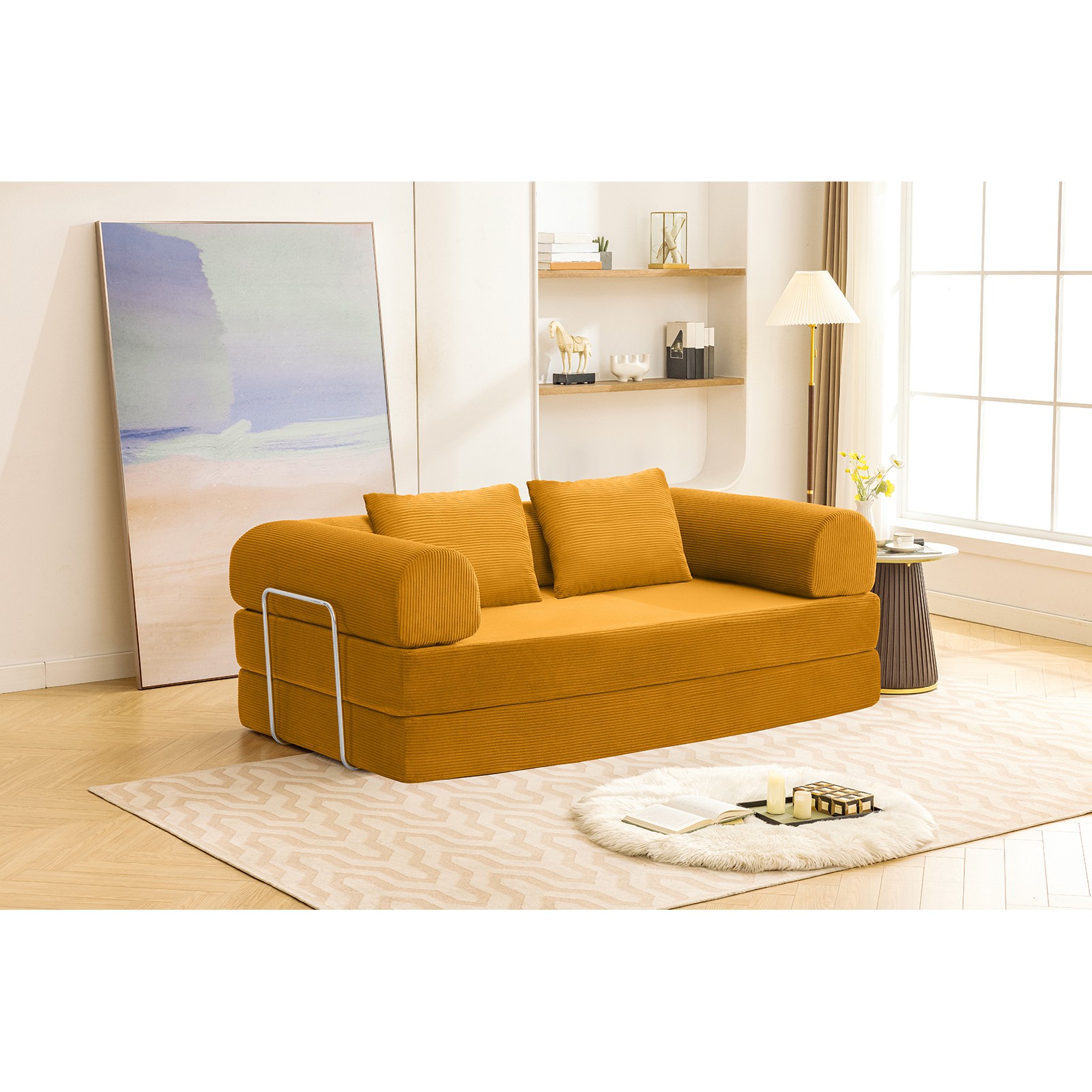 Compressed Foam Sofa Corduroy Ginger 79" Contemporary Sleeper Couch