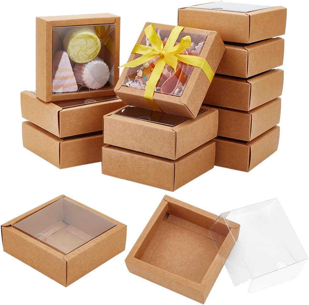 20Pcs 3.3×3.3×1.3Inches Brown Square Paper Boxes with Clear PVC Window, Paper Fa