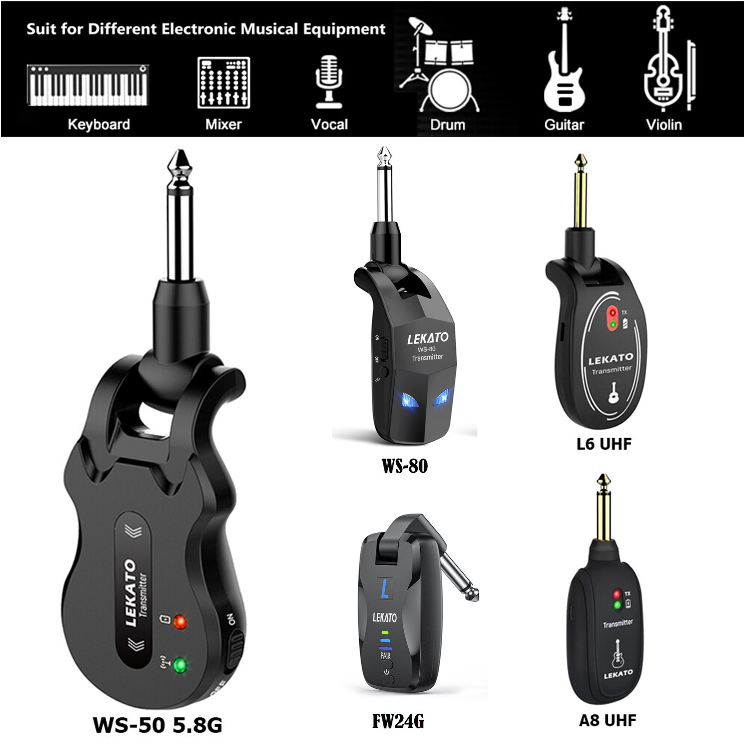 LEKATO 5.8G 2.4G Wireless Guitar Transmitter Receiver for Guitar Bass  Keyboard
