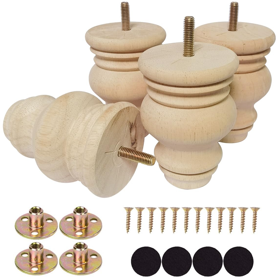 4 Inch Wooden Furniture Legs, Solid Wood Unpainted Furniture Legs, Ottoman/Lo...