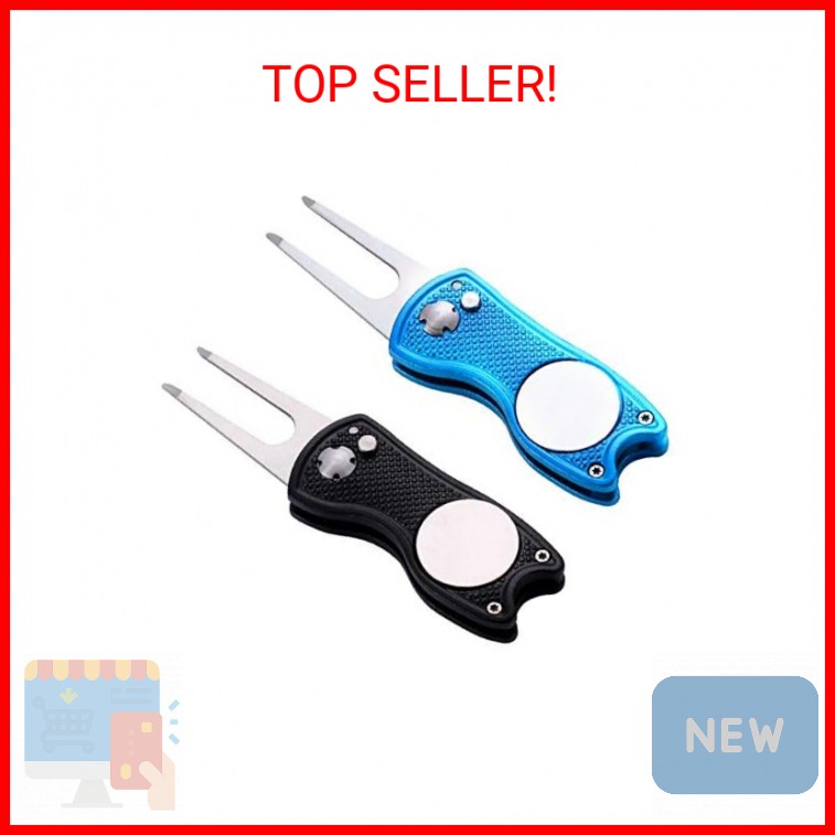 2 Pack Metal Foldable Golf Divot Tool with Pop-up Button & Magnetic Ball Marker