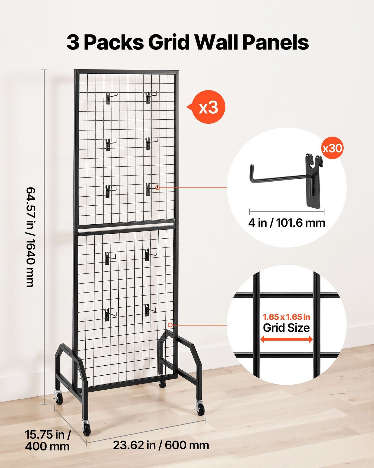 Movable Grid Wall Display Rack, 1.9x5.4ft, Steel, 30 Hooks, Locking Casters