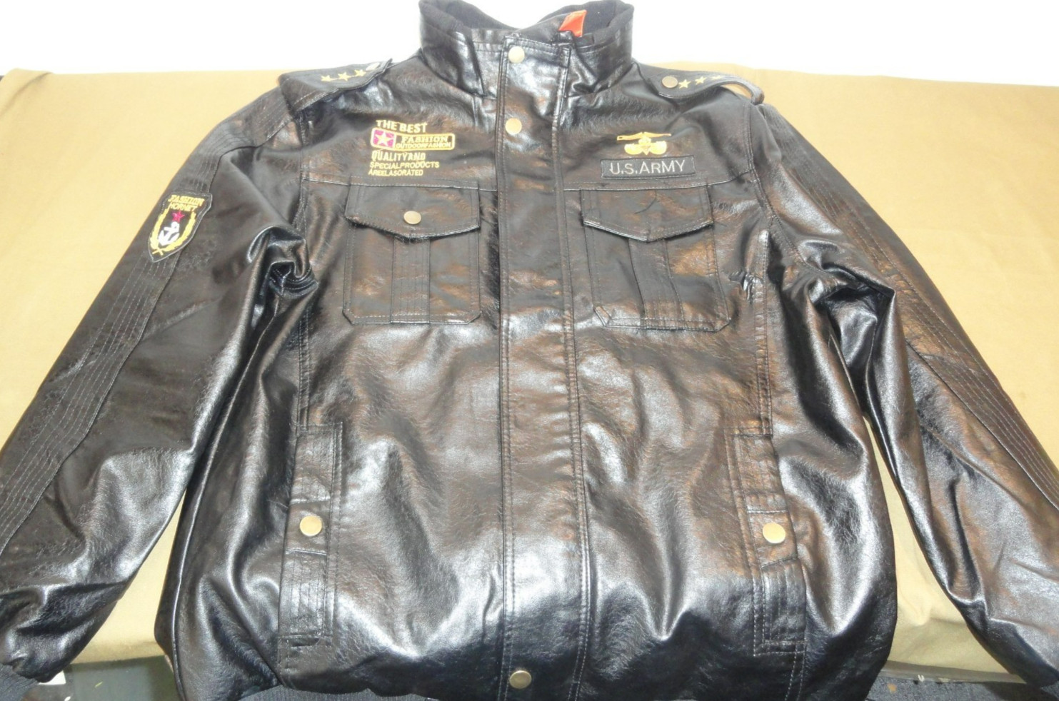 EUC OUTDOORFASHION US ARMY FASHION HORNET PLEATHER BLACK JACKET MEN'S SIZE LARGE