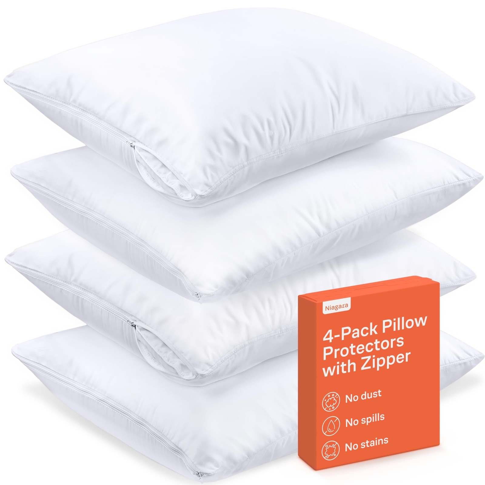Standard White Pillow Protectors Set Of 4 Zippered Machine Washable Microfiber