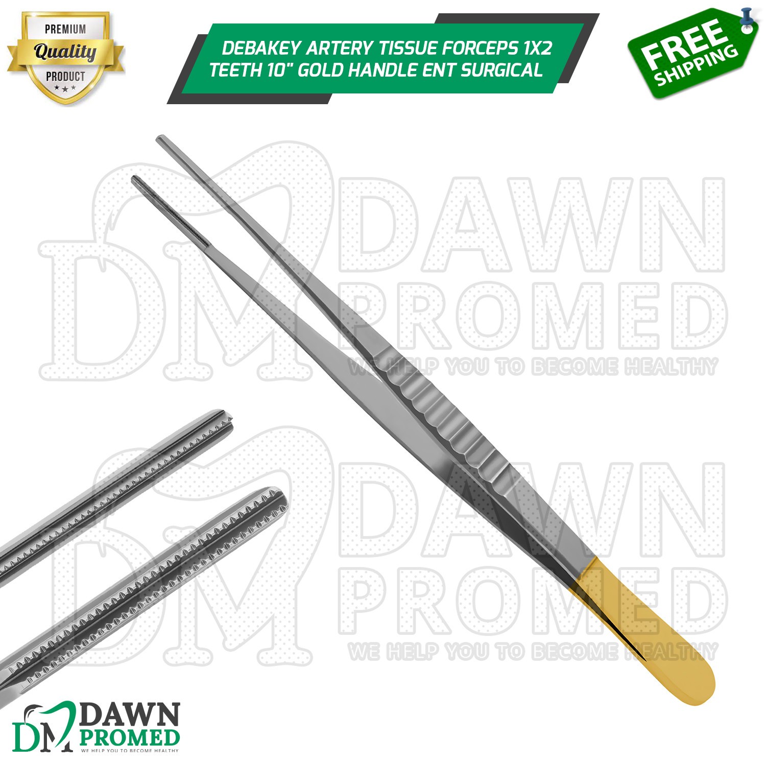Debakey Artery Tissue Forceps 1x2 Teeth 10" Gold Handle ENT Surgical Instruments