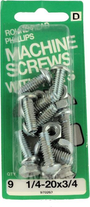 1/4- 20x3/4" Round Head Machine Screws with Nuts - 9 Pack