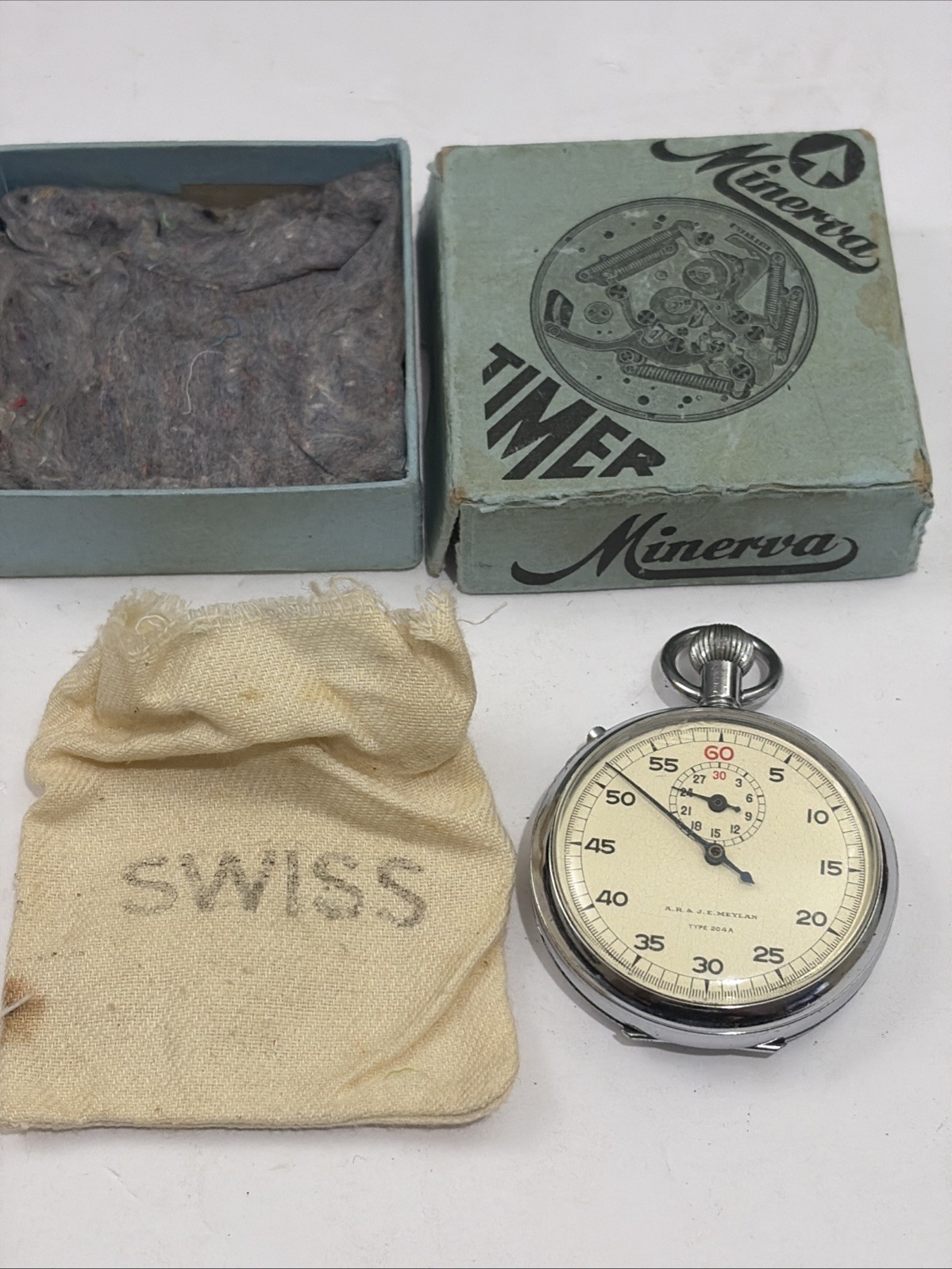 Minerva Timer Swiss Stopwatch With Original Box Working!