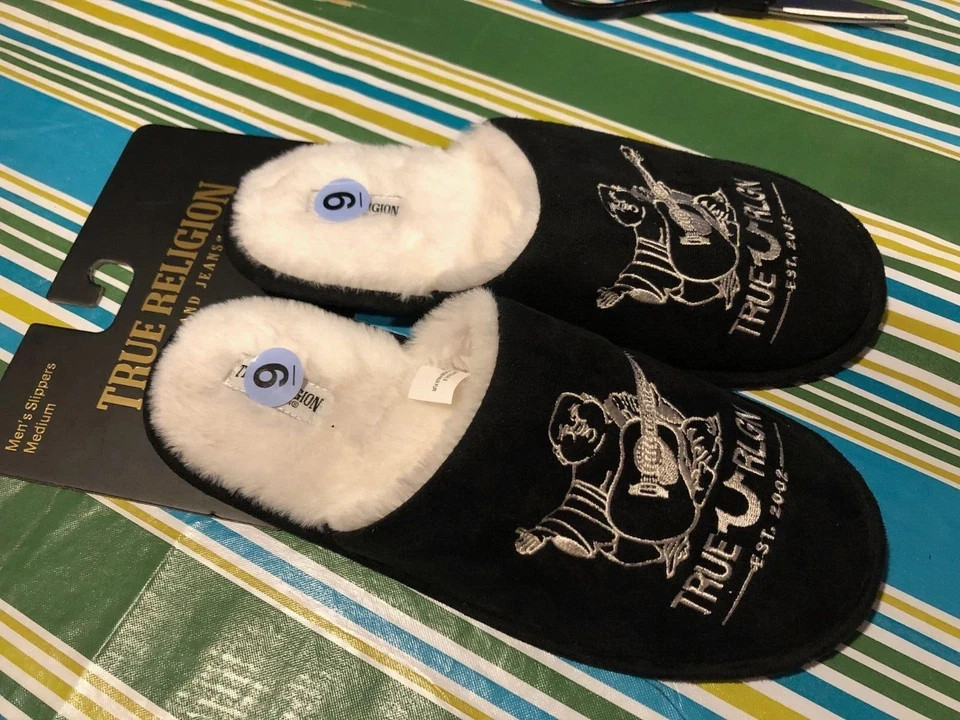 New TRUE RELIGION MENS SLIPPERS Budda Black