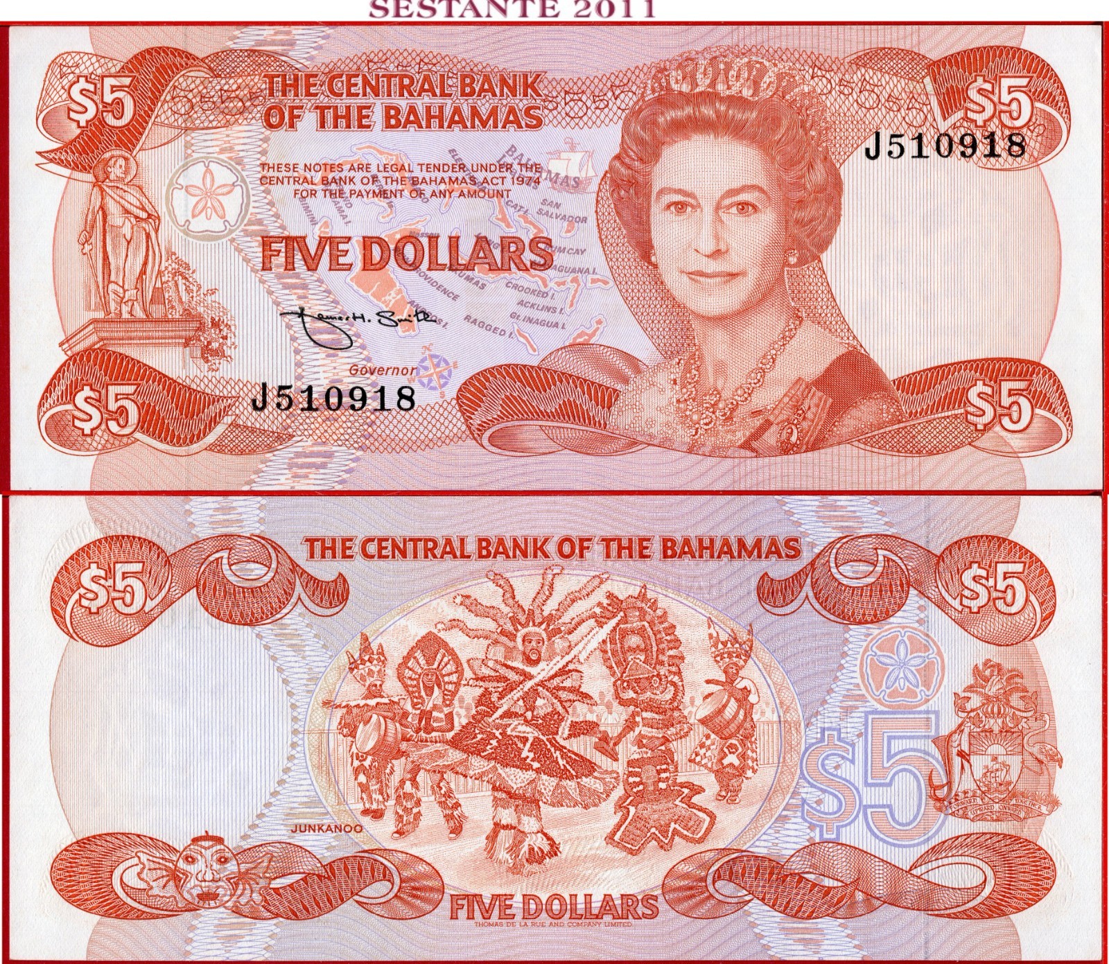 BAHAMAS 5 DOLLAR L 1974 (1984) Serie J P 45b UNC  free shipping from 100$