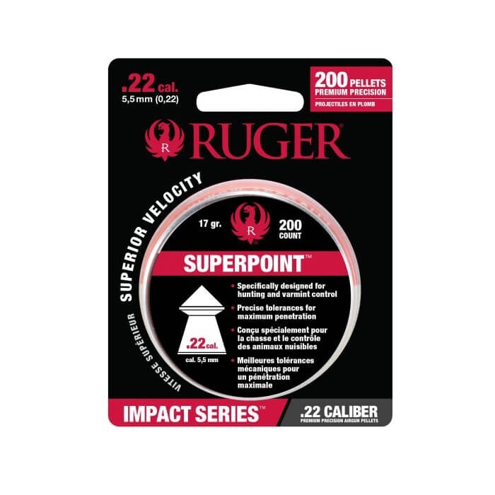 RUGER 200 Count IMPACT SUPERPOINT Premium Pointed 5.5mm .22 Caliber Pellets