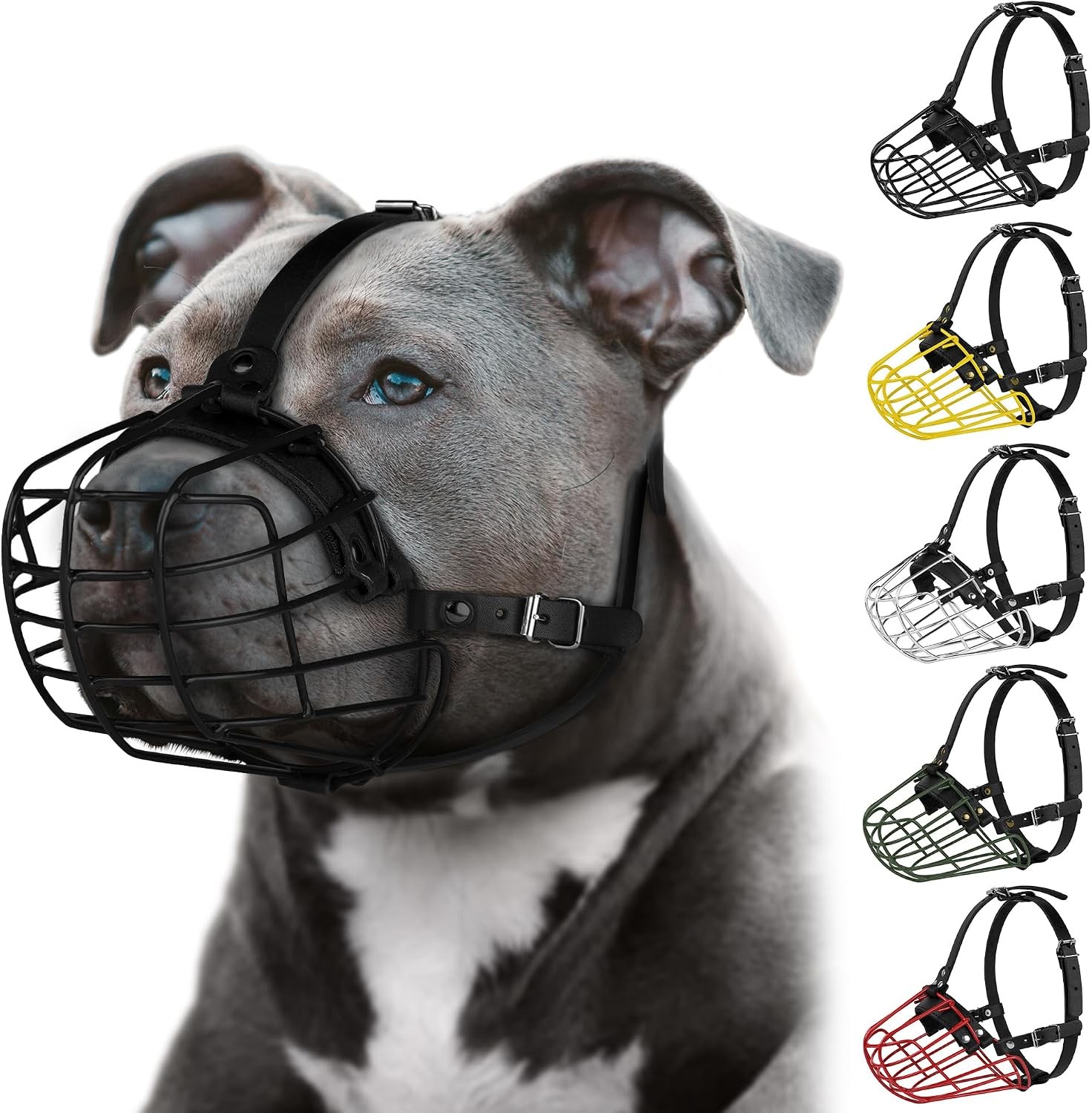 Pitbull Dog Muzzle Metal Mask Amstaff Secure Wire Basket Adjustable Durable Leat