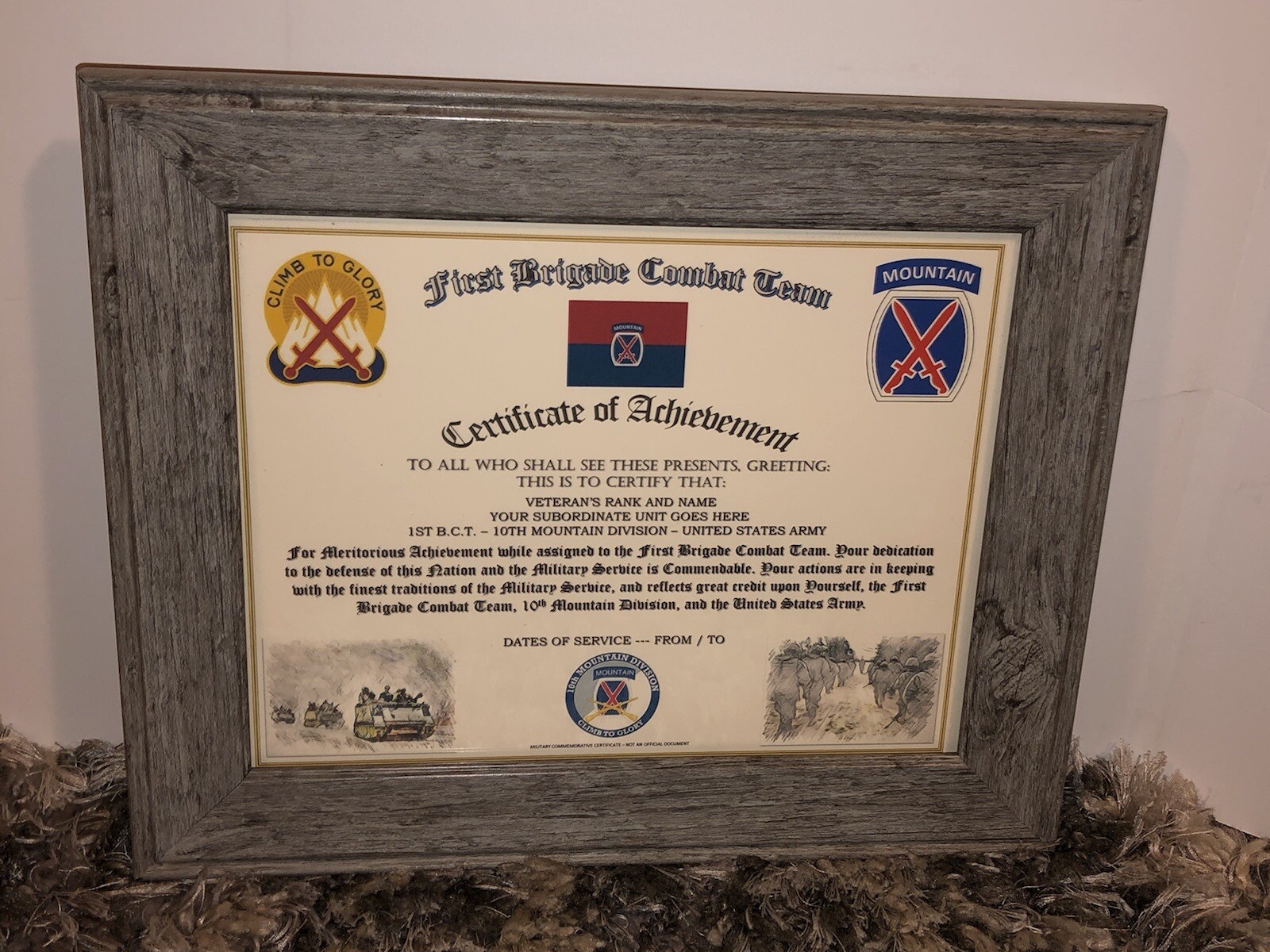 1ST B.C.T. / 10TH MOUNTAIN DIVISION - COA / (COMMEMORATIVE CERTIFICATE)