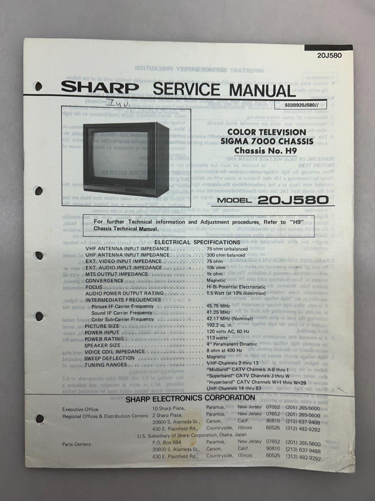 Sharp 20J580 Original Service Manual Free Shipping