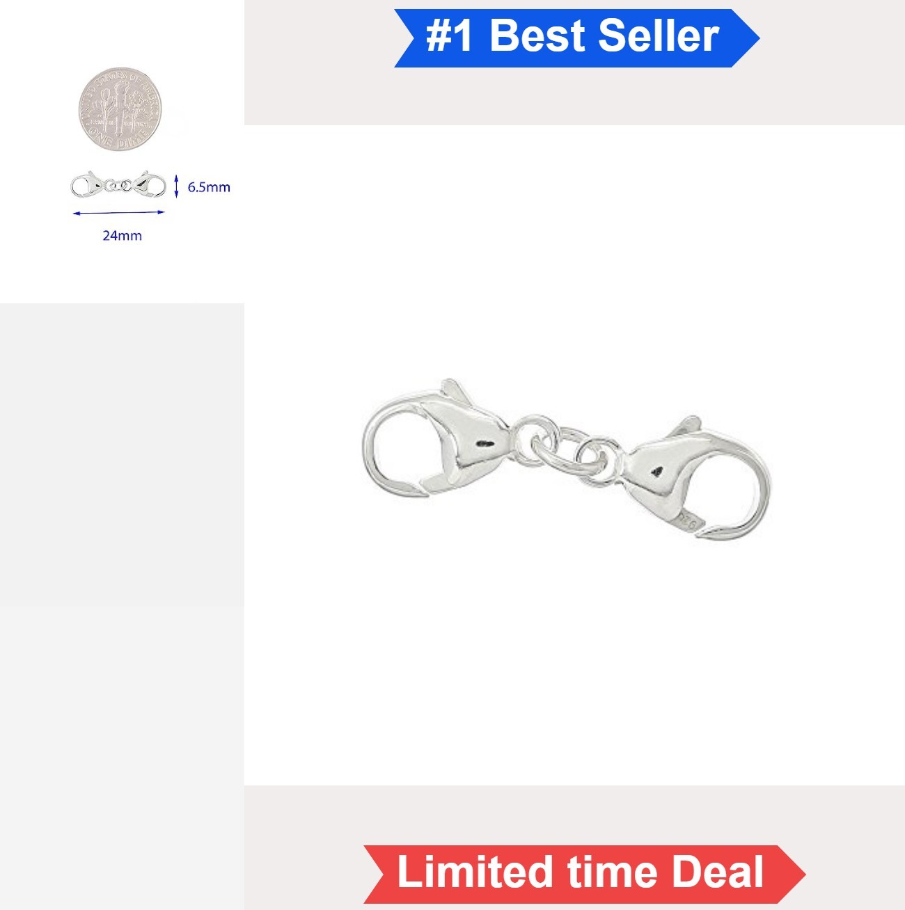 Sterling Silver Double Lobster Clasp Extender Connector 24mm Bright Polished