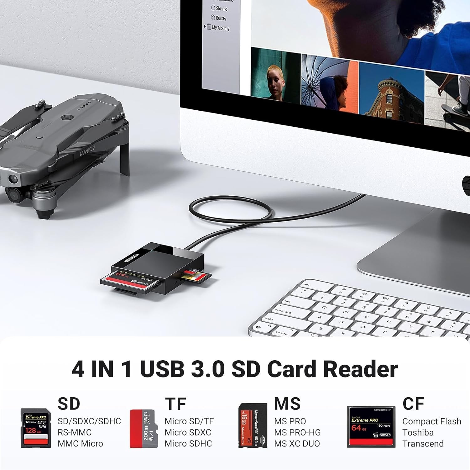 SD Card Reader USB 3.0 Card Hub Adapter 5Gbps Read 4 Cards Simultaneously CF, C