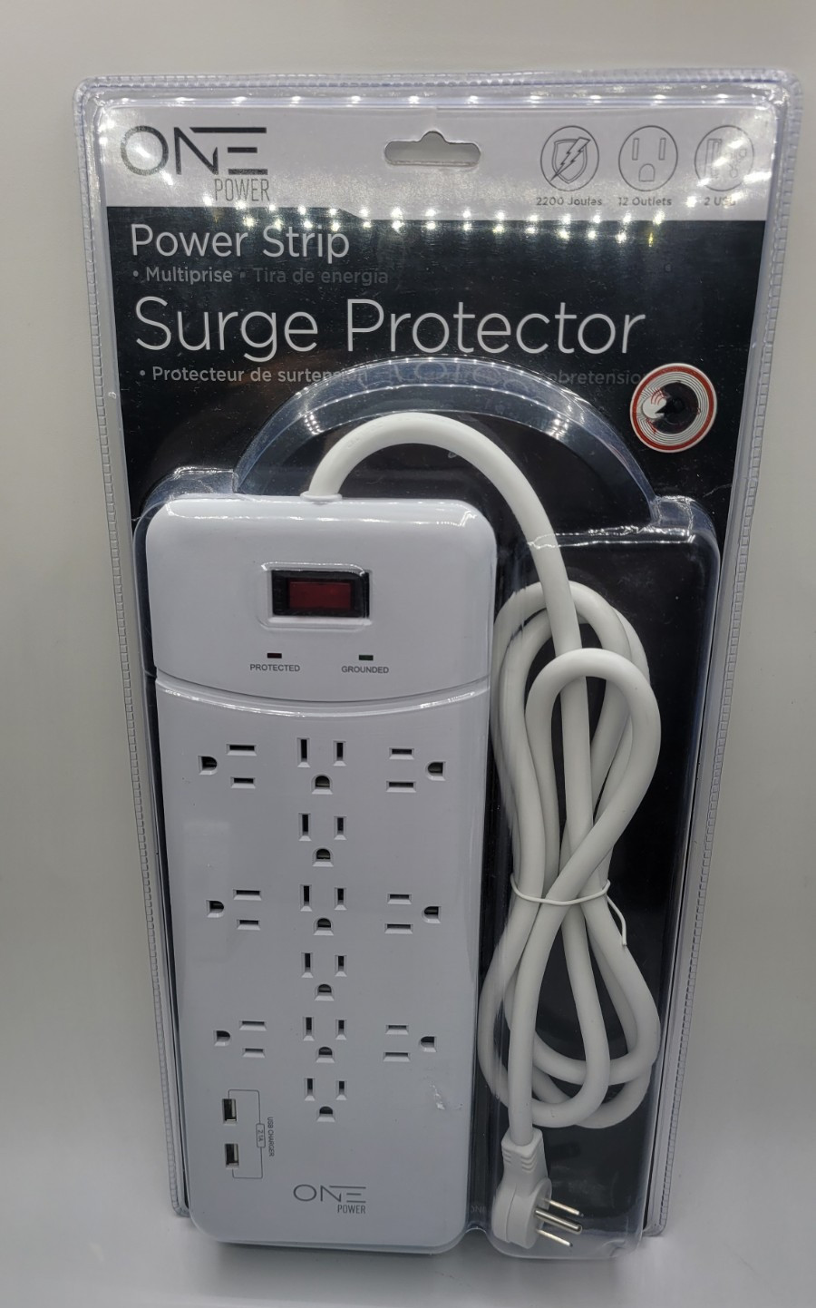 One Power 12-Outlet Surge Protection Strip w/ 2 USB Ports 240V White