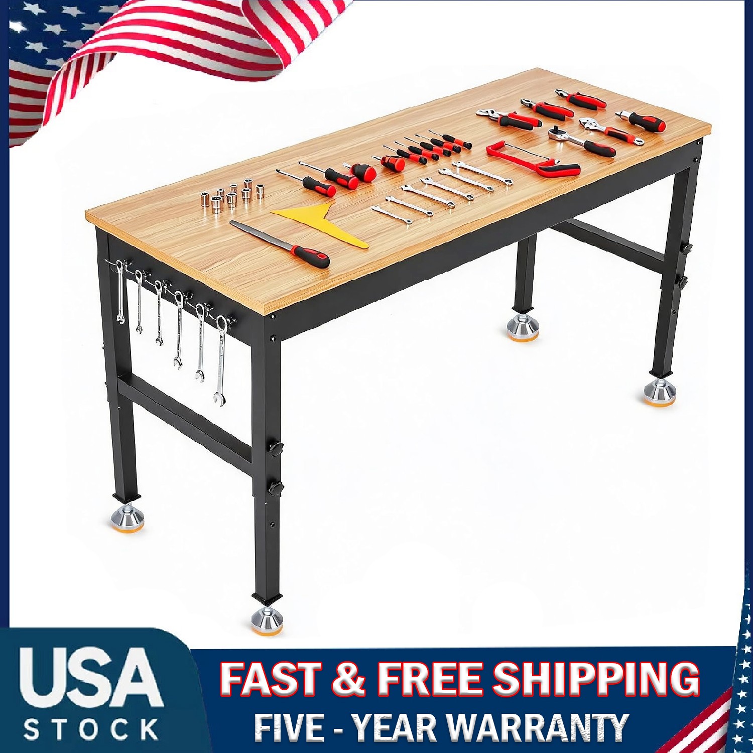 48" Workbench Adjustable Height Work Table Garage ,2500LBS Load Rubber Wood Top