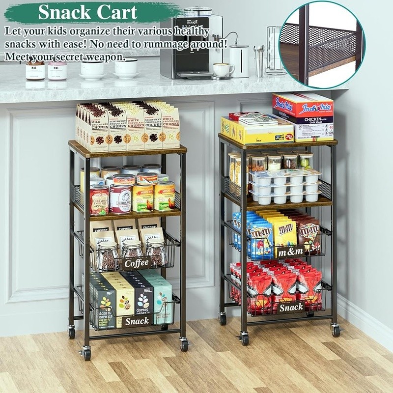 Rolling Kitchen Cart W/ Pull-Out Baskets Snack Organizer Fruit Storage New