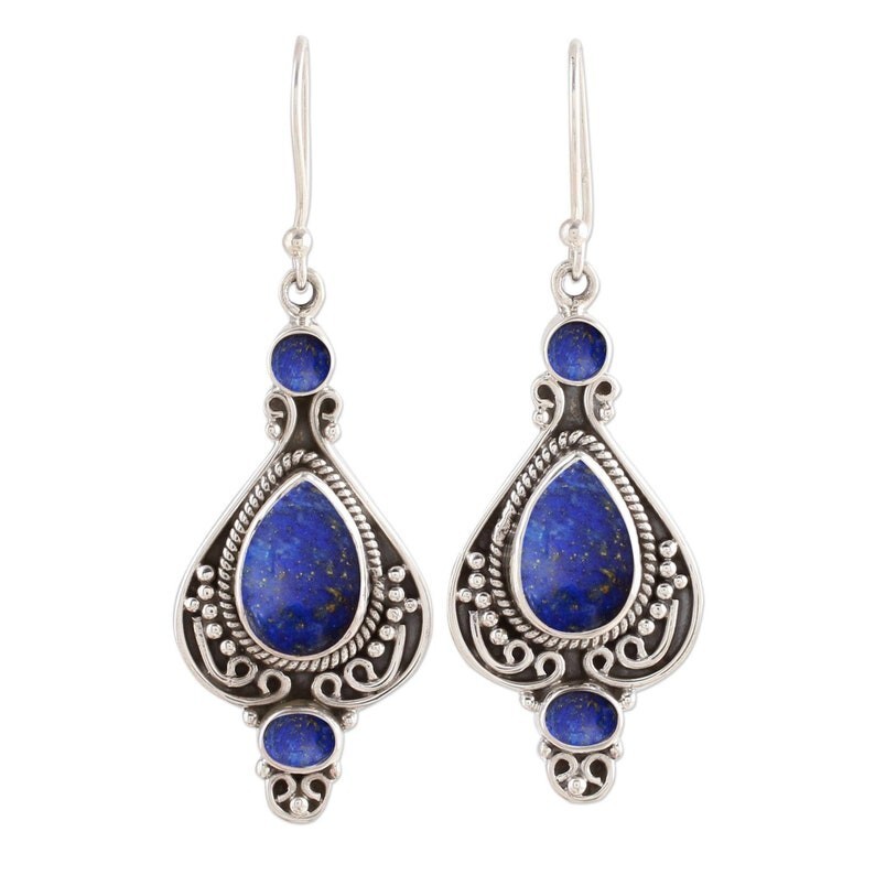 Pear Shape Handmade 925 Sterling Silver Lapis Lazuli Genuine Dangle Earrings