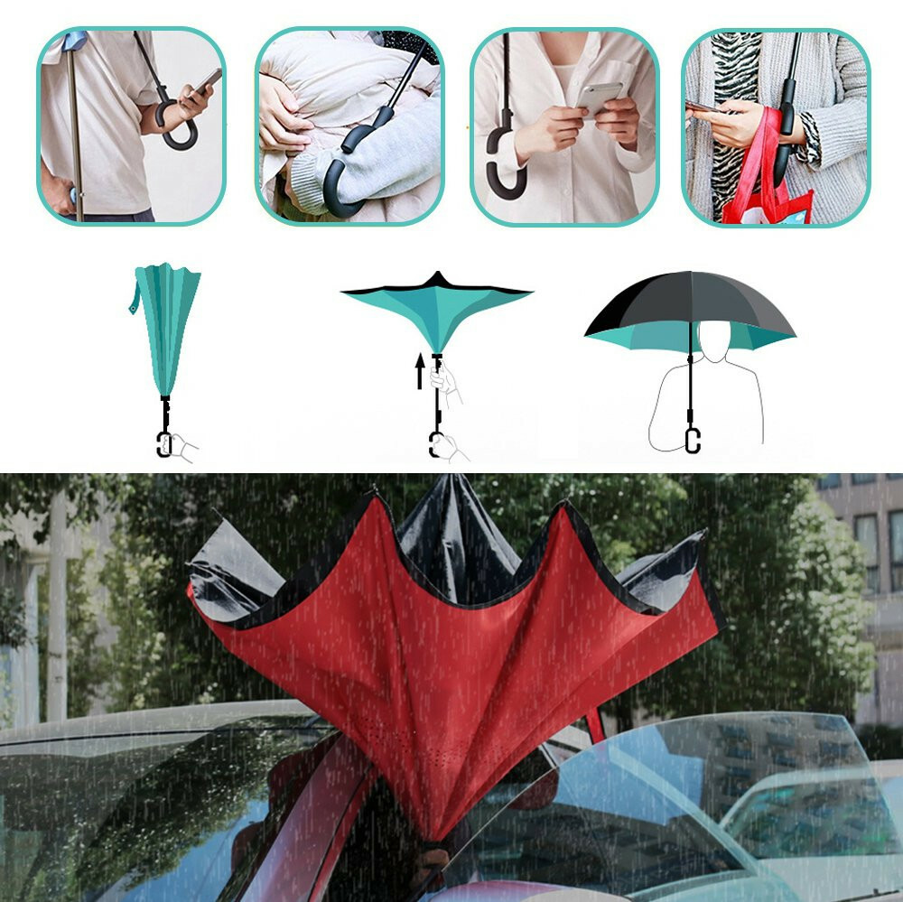 C-Handle Inverted Reverse Umbrella, Flower/City/Unicorn, Inside-out, Upside-down