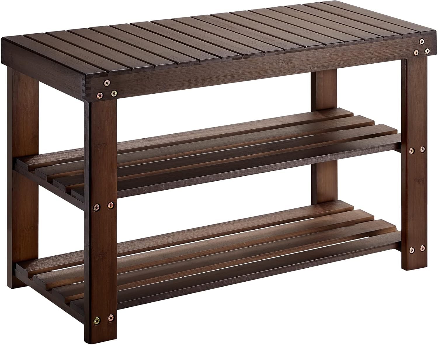 Pipishell Bamboo Shoe Rack Bench, 3 Tier Sturdy 27.5×11×17.5 inches, Brown