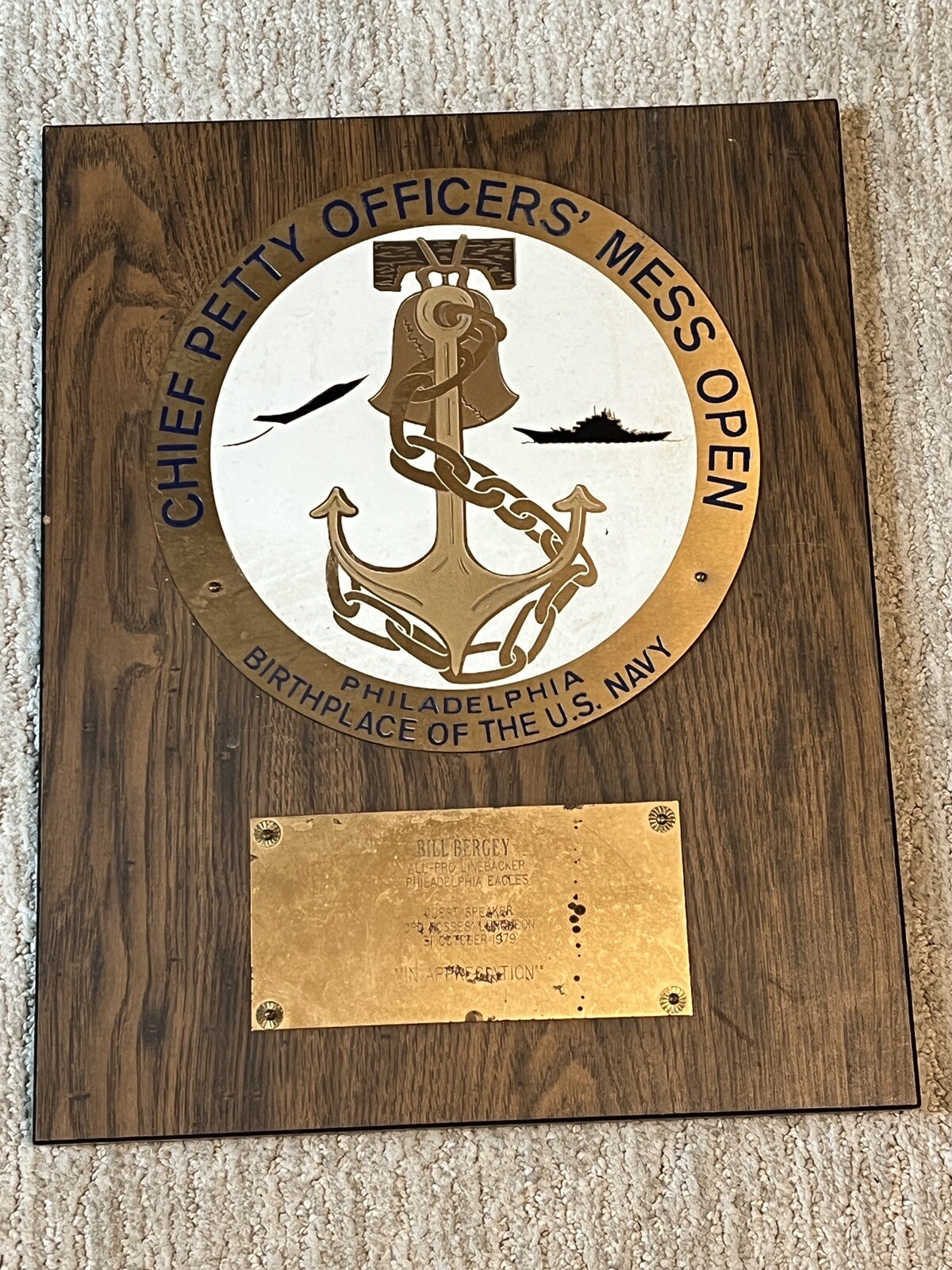 1979 Bill Bergey Philadelphia Eagles Chief Petty Officers mess Plaque US NAVY