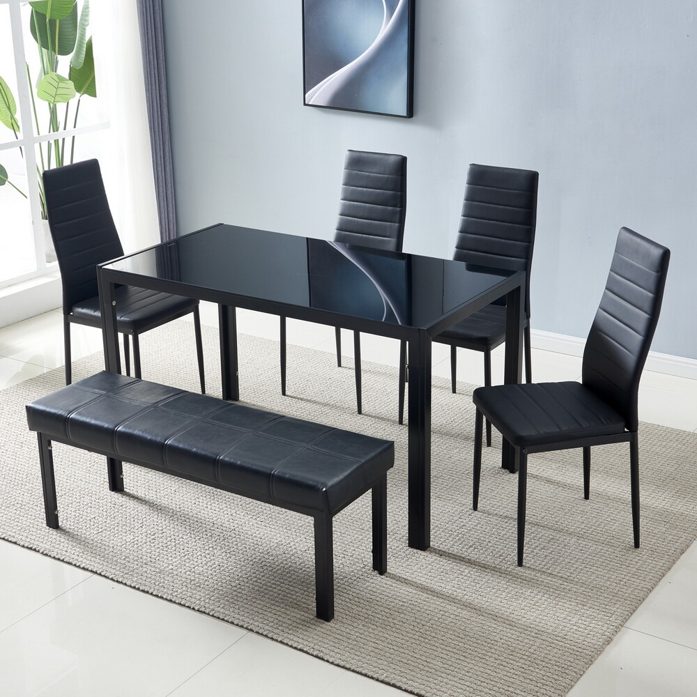 Set of 4 Elegant Assembled Stripping Texture High Backrest Dining Chairs Black