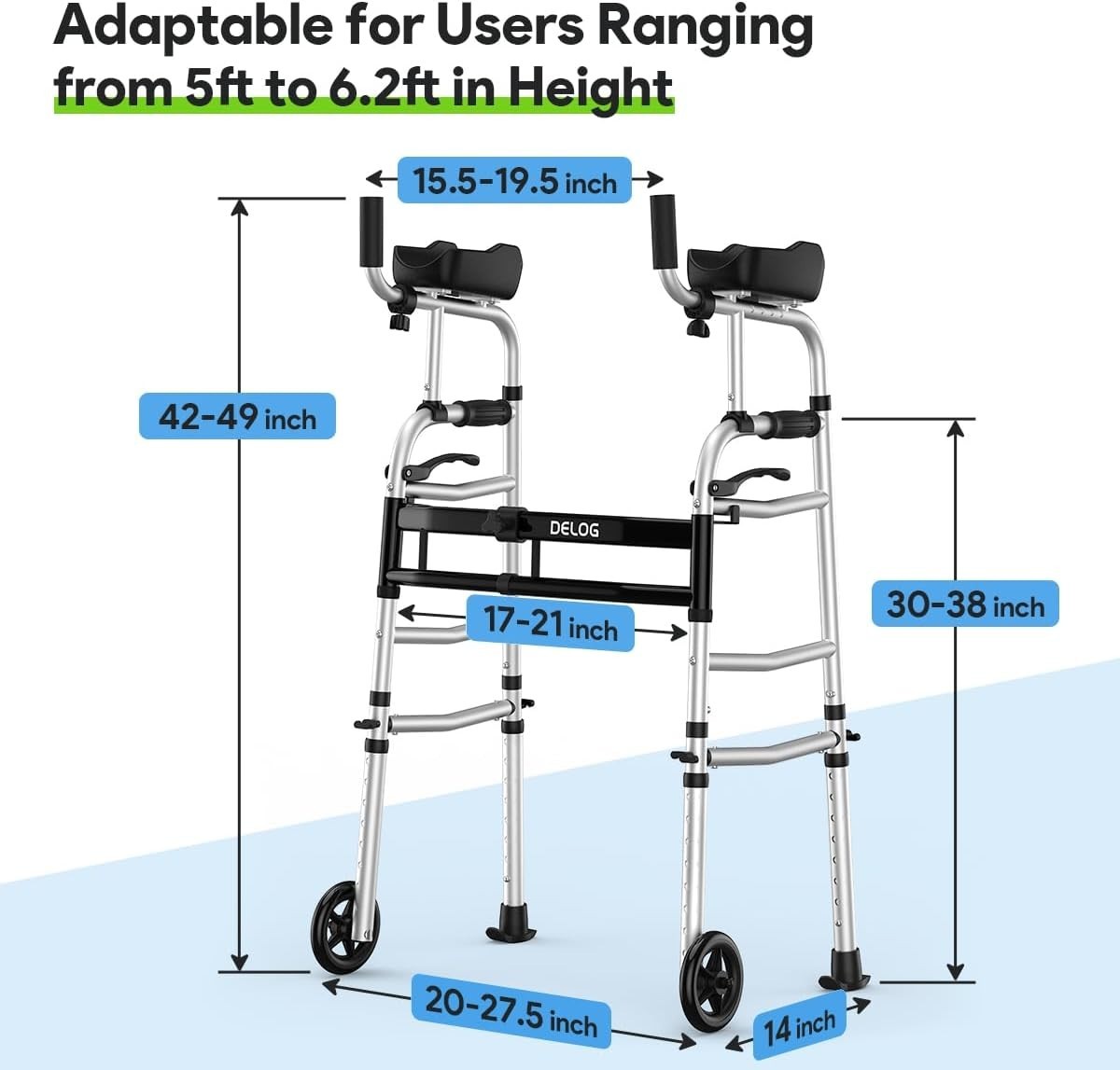 Folding Walker for Senior - Platform Walker with 5’’ Wheels and Removable Pad...