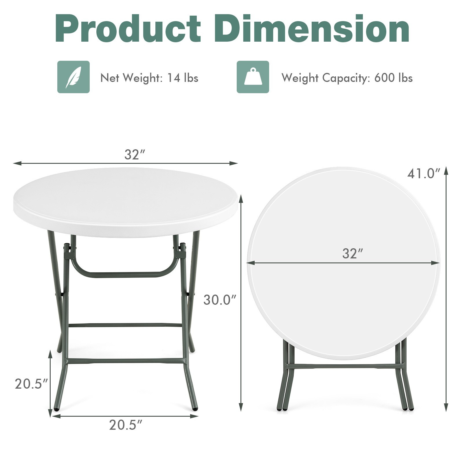 32" Round Folding Table Portable & Lightweight Table for Indoor & Outdoor Use