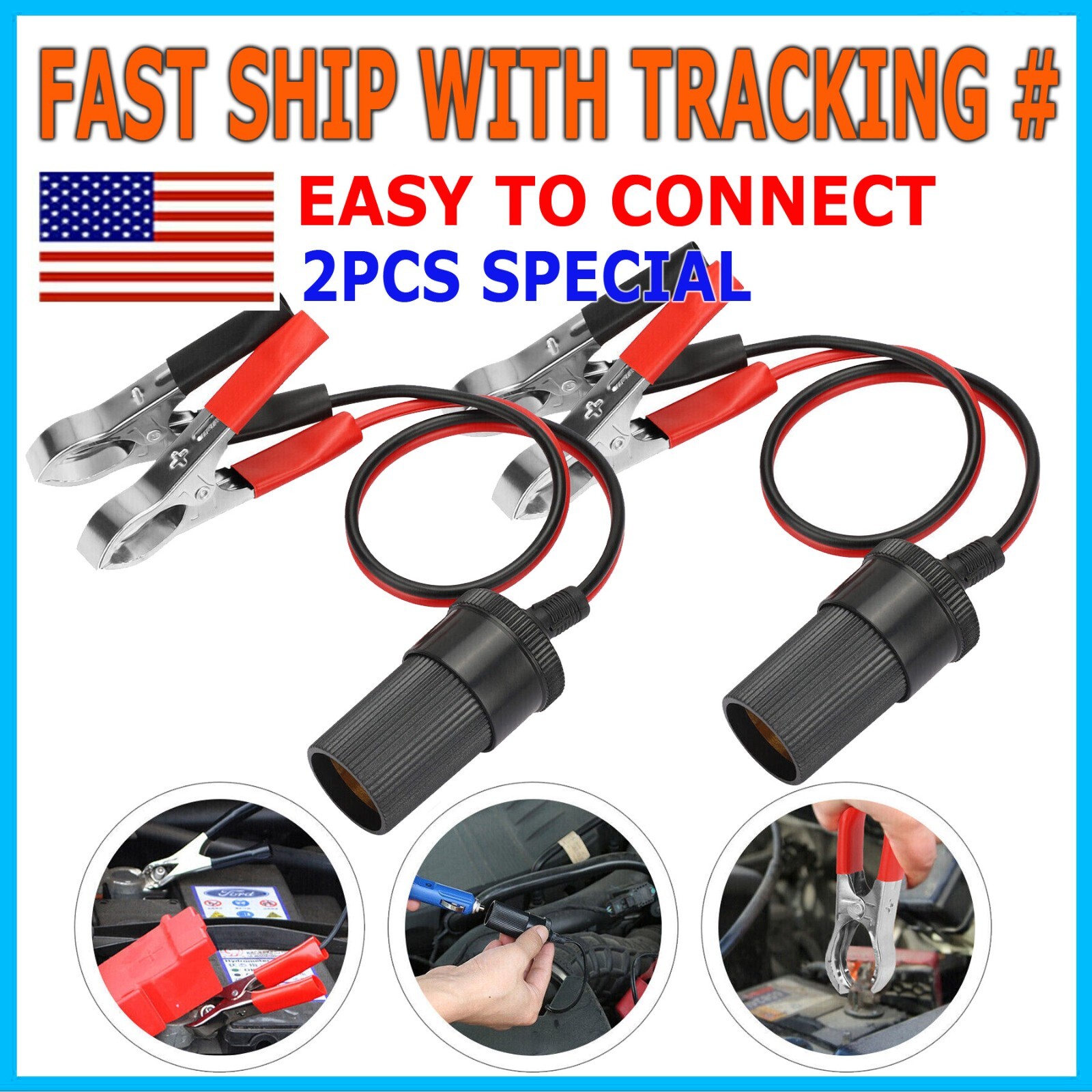 2PCS 12V Clip Cigarette Lighter Socket Car Battery Power Extension Adapter 50A