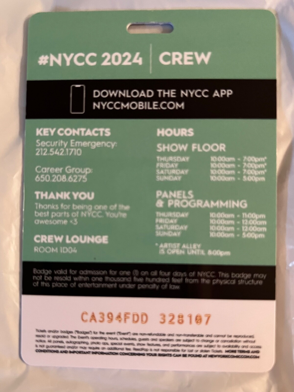 New York Comic Con Crew Badge 2024