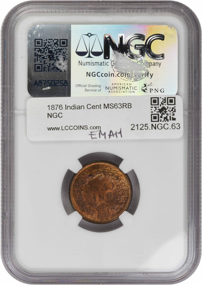 1876 Indian Cent MS63RB NGC