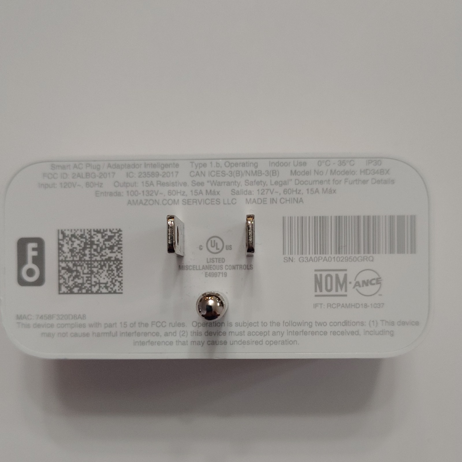Amazon Smart Plug Wi‑Fi Indoor Type B White Alexa Compatible HD34BX