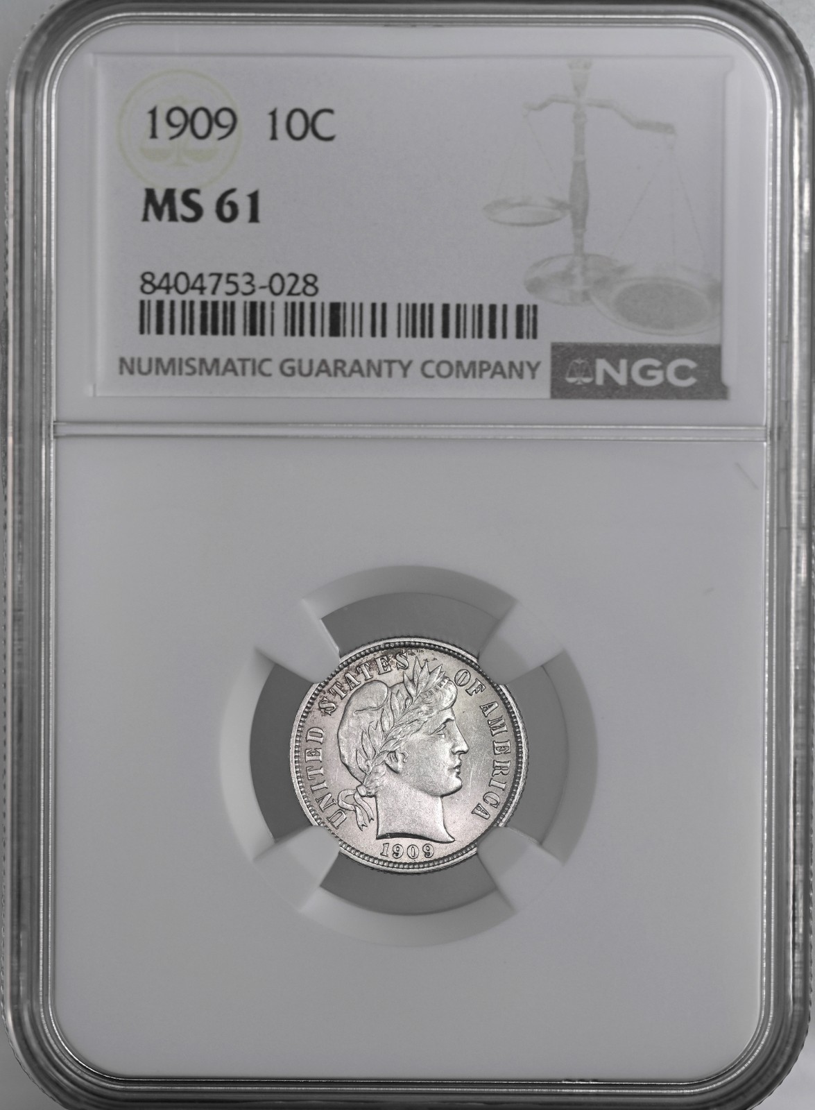 1909-P  10C BARBER SILVER DIME  "PHILADELPHIA"  NGC MS61  8404753-028