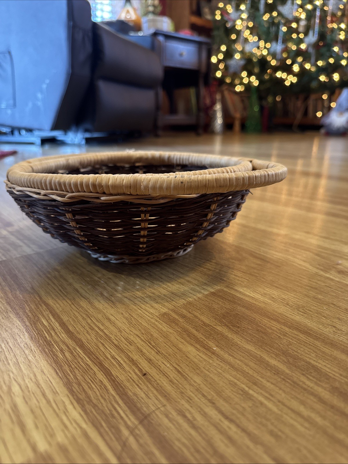 Vintage Two Toned Round Woven Basket With Handles