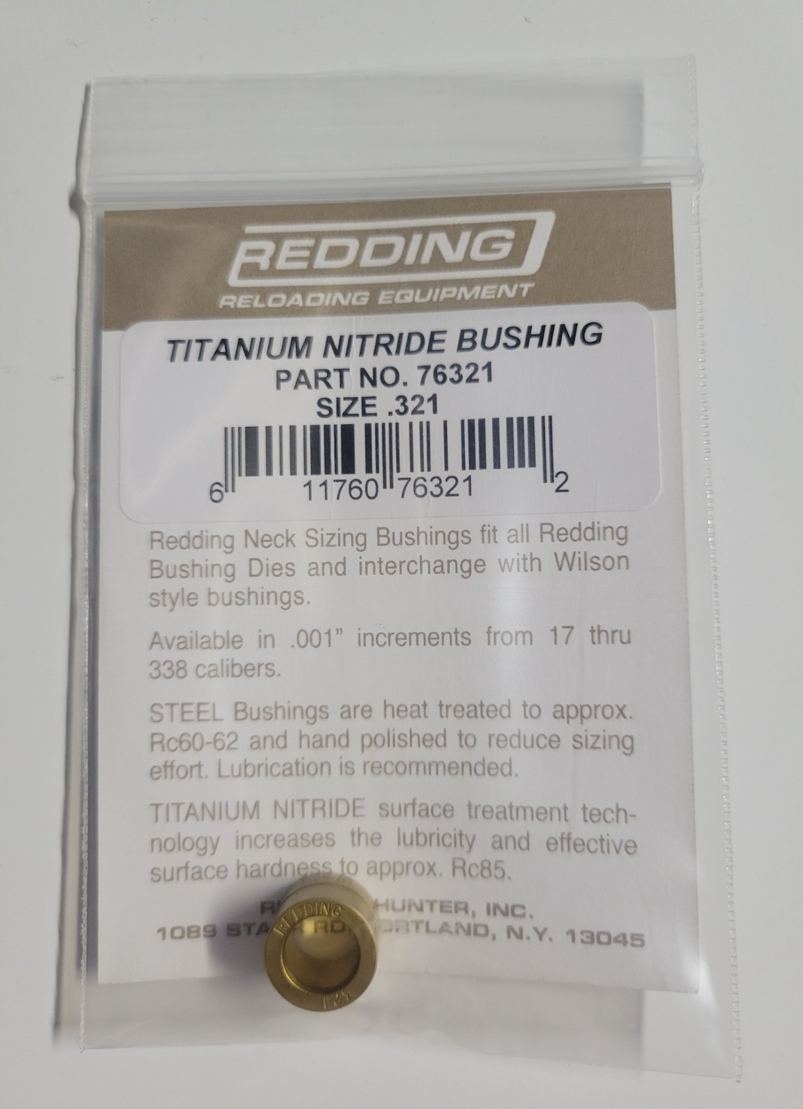 76321 REDDING TITANIUM NITRIDE .321 NECK SIZE BUSHING - BRAND NEW - FREE SHIP