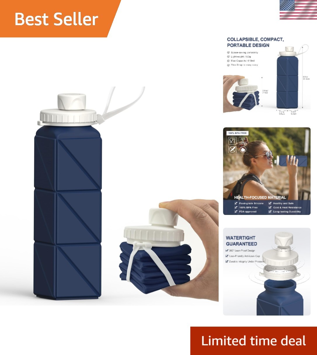 Compact Collapsible Water Bottle 20.6oz - Perfect for Hiking & Travel Adventures