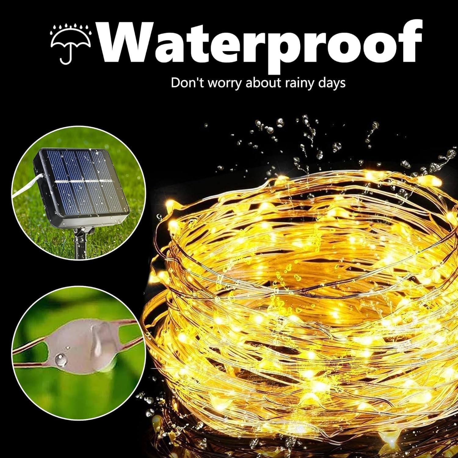 Solar String Lights Outdoor 2 Pack 66ft 200LED Waterproof 8 Modes Warm White