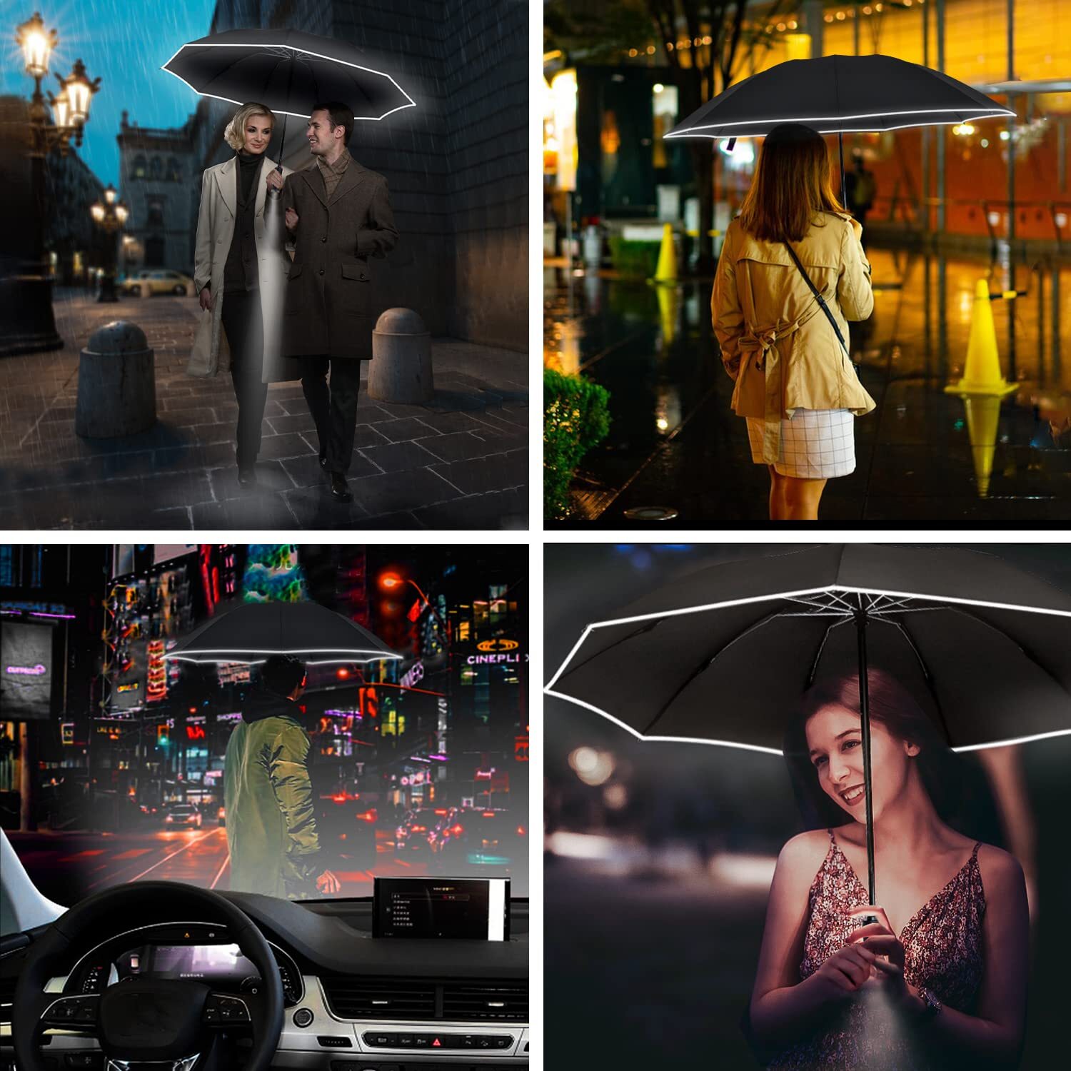 Folding Reverse LED Umbrella - Upside Down Reflective Umbrellas Compact Inverted