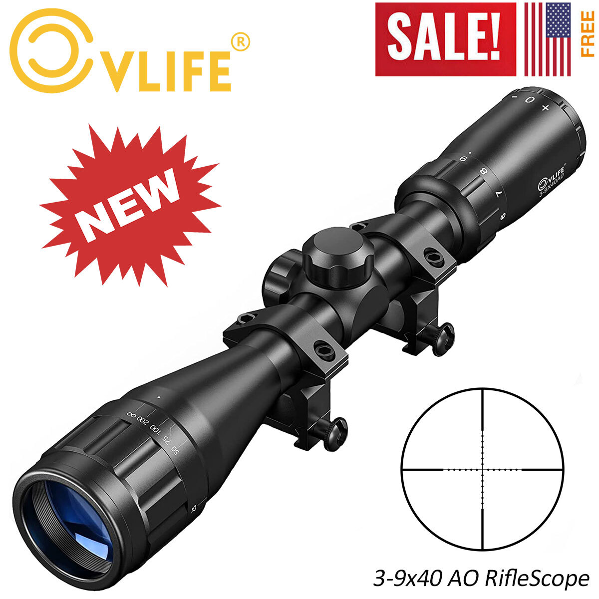 CVLIFE 3-9X40 Rifle Scope Adjustable Objectives Mil Dot Reticle Optics Gun Scope