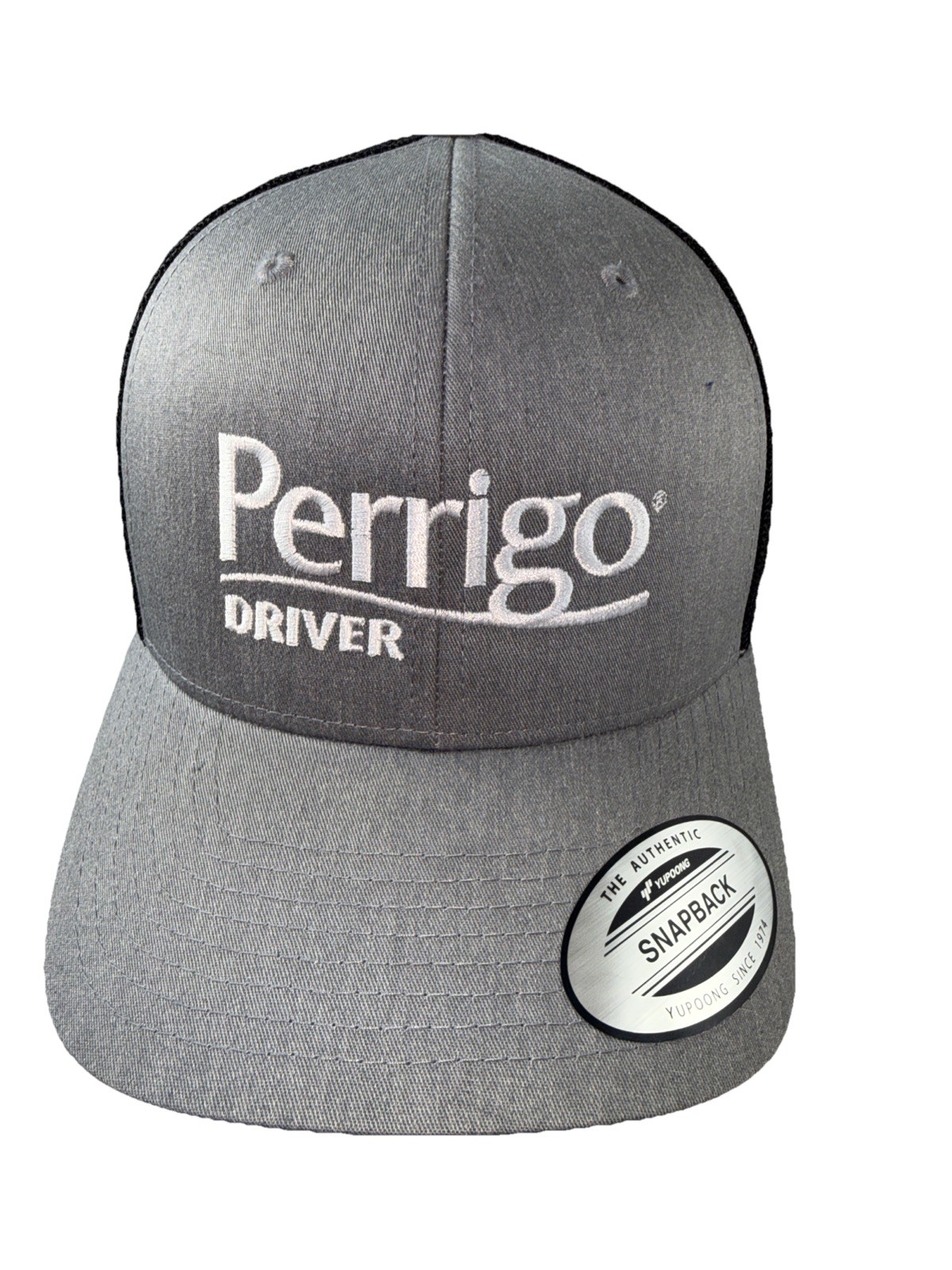 Perrigo Driver in White on Gray Fabric Black Mesh Snapback Cotton Poly Yupoong