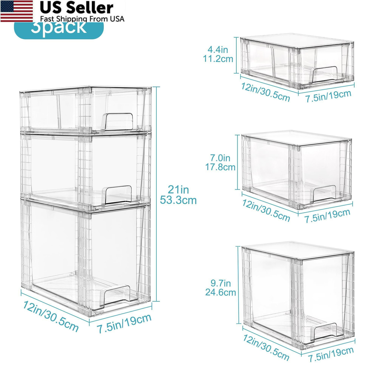 Vtopmart 3 Pack Clear Stackable Storage Drawers,Easy to Assemble Transparent