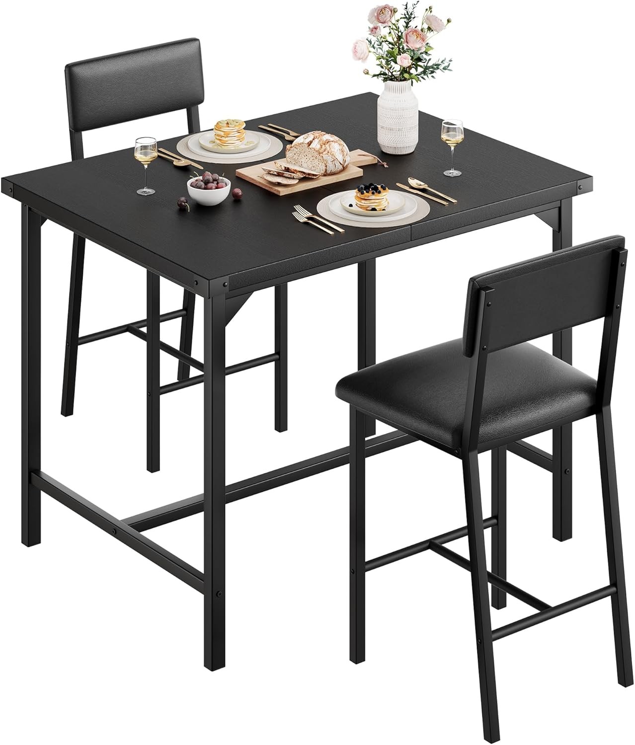 Dining Table Set for 2 Counter Height Bar Table with Padded Stools Metal Frame