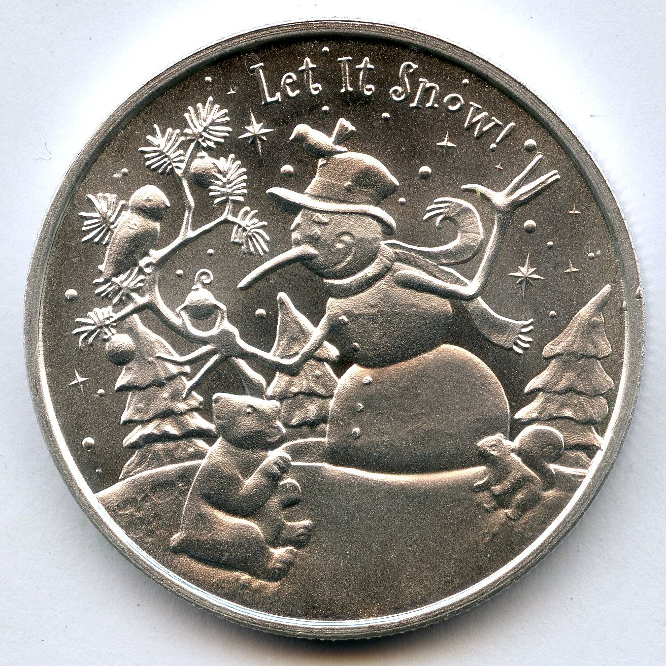Christmas Snowman Let It Snow 999 Silver 1 oz Art Medal Round - Holiday Gift